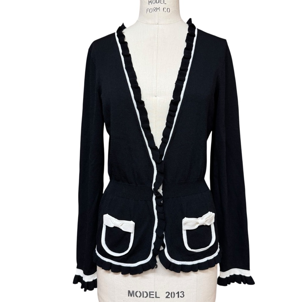 Vintage Cache Knit Cardigan Top Black White Size L Ruffle Fairy Y2K Coquette